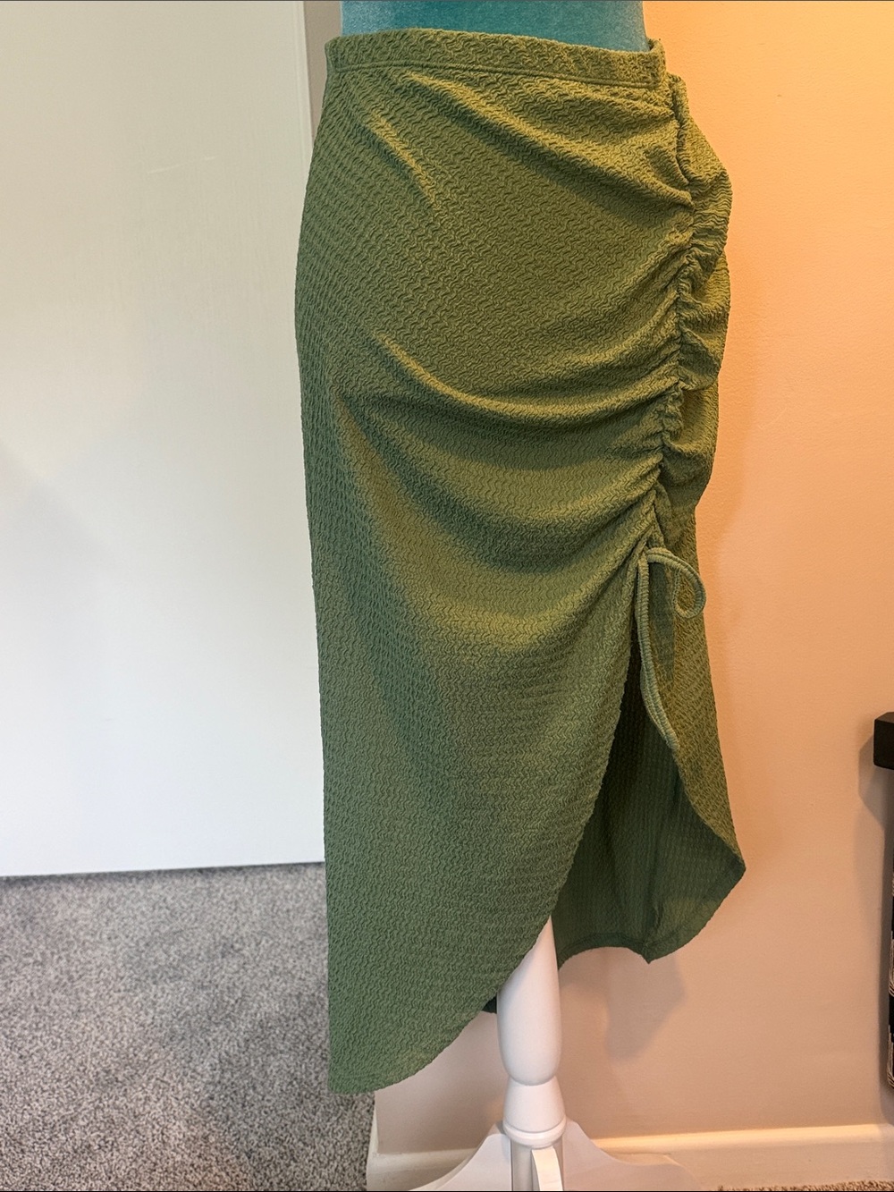 Cider Olive Green High-Low Ruched Midi Skirt